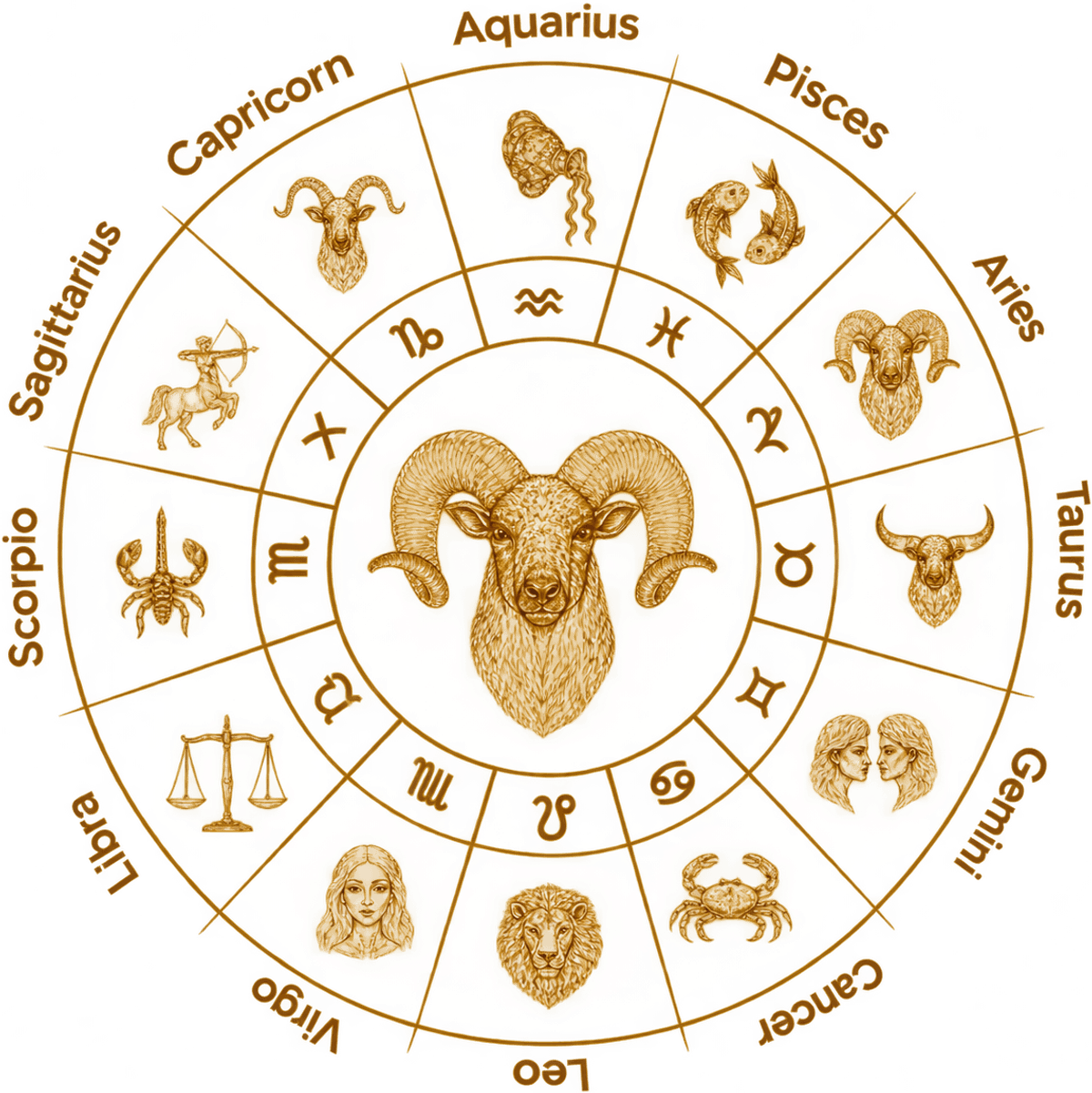 Your personal chart: the twelve zodiac signs around a wheel